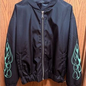 Stylish Black Bomber Jacket with Green Flame Design NEW !